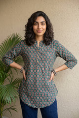 Green floral Ban neck short kurti