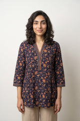 Royal blue sanganeri pintucks Short kurti