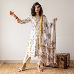 White Yellow Leaf handblock printed suit set