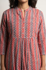 Peach grey zig zag yoke gather top