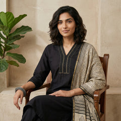 Black solid embroidered full suit set with chanderi duppata