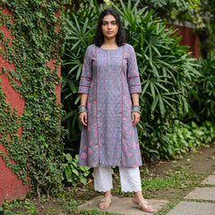 Pastel blue Handblock Kali style A-line kurta