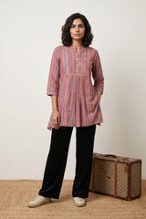 Peach grey zig zag yoke gather top