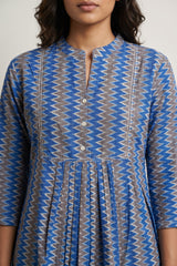 Blue grey zig zag yoke gather top