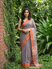 Orange grey Khadi silk geometric saree