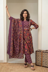Wine big flower suit set with yoke