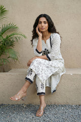 Cream Black yoke embroidered Full suit set