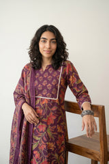 Wine big flower suit set with yoke