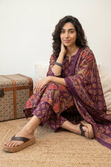 Wine big flower suit set with yoke