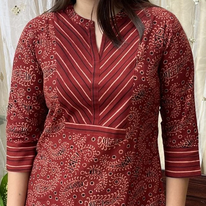 Maroon Ambi Ajrakh Yoke Kurta - MYSANSKRITAM