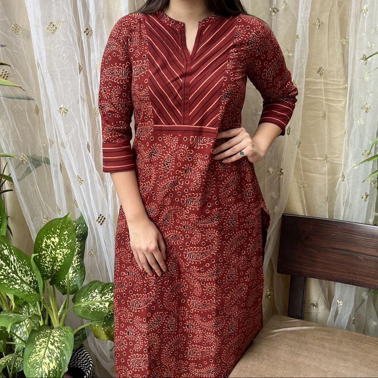 Maroon Ambi Ajrakh Yoke Kurta - MYSANSKRITAM
