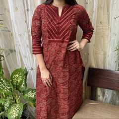 Maroon Ambi Ajrakh Yoke Kurta - MYSANSKRITAM