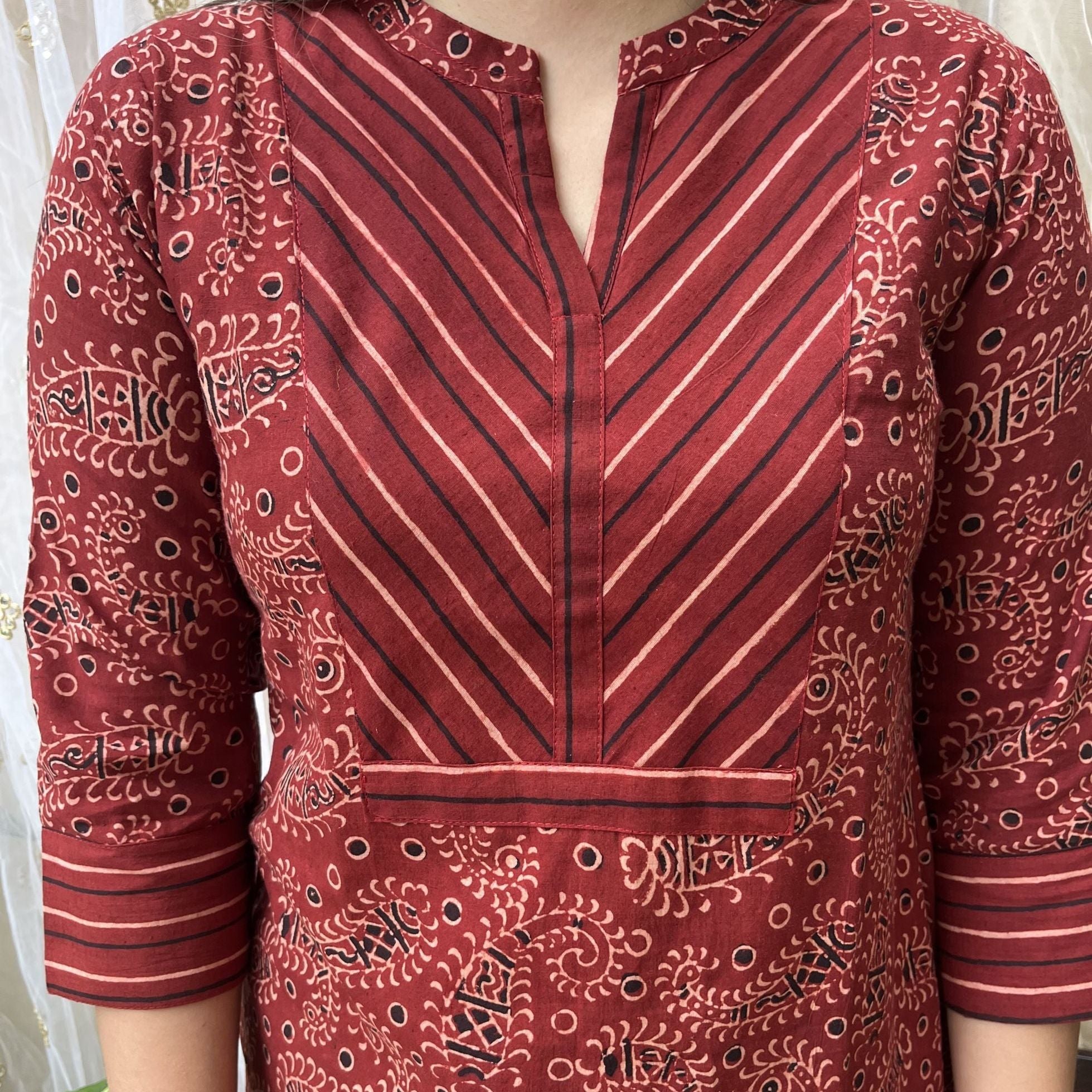 Maroon Ambi Ajrakh Yoke Kurta - MYSANSKRITAM