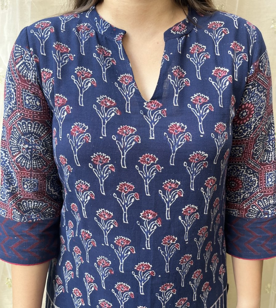 Royal Blue Ajrakh designer Kurta - MYSANSKRITAM
