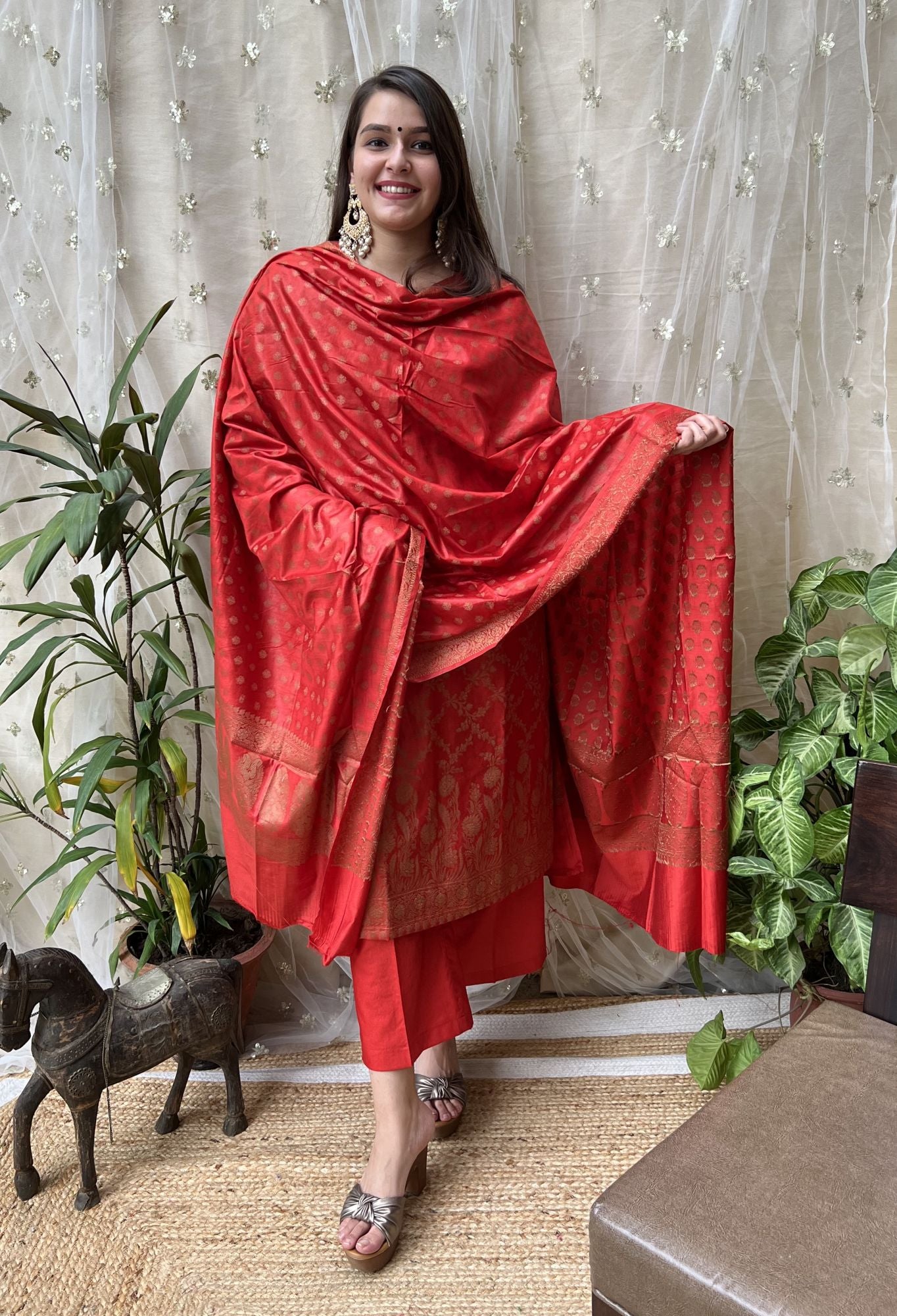 Red Banarsi Cotton Silk Suit Set - MYSANSKRITAM