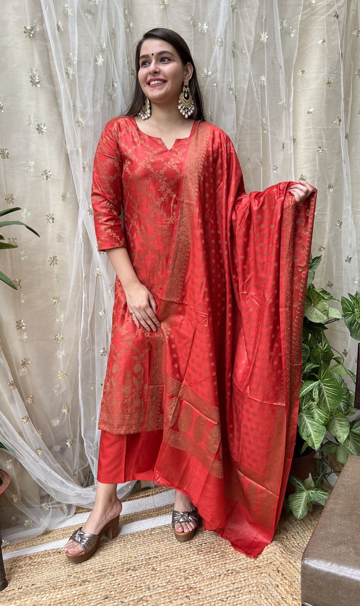 Red Banarsi Cotton Silk Suit Set - MYSANSKRITAM