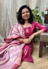 Deep Pink Banarsi Cotton Silk Suit Set - MYSANSKRITAM