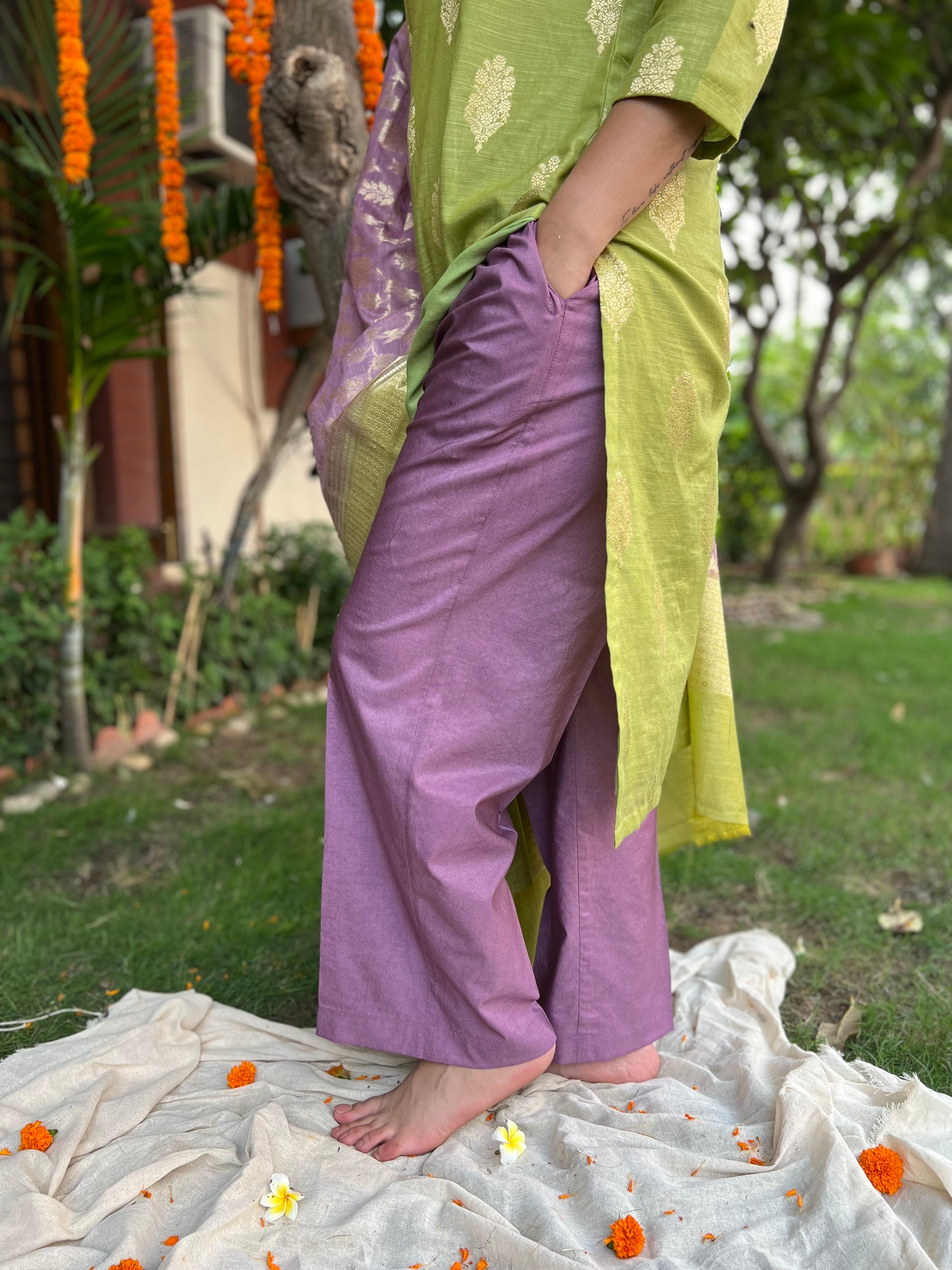 Pista Green Lavender Banarsi Cotton Silk Suit Set - MYSANSKRITAM