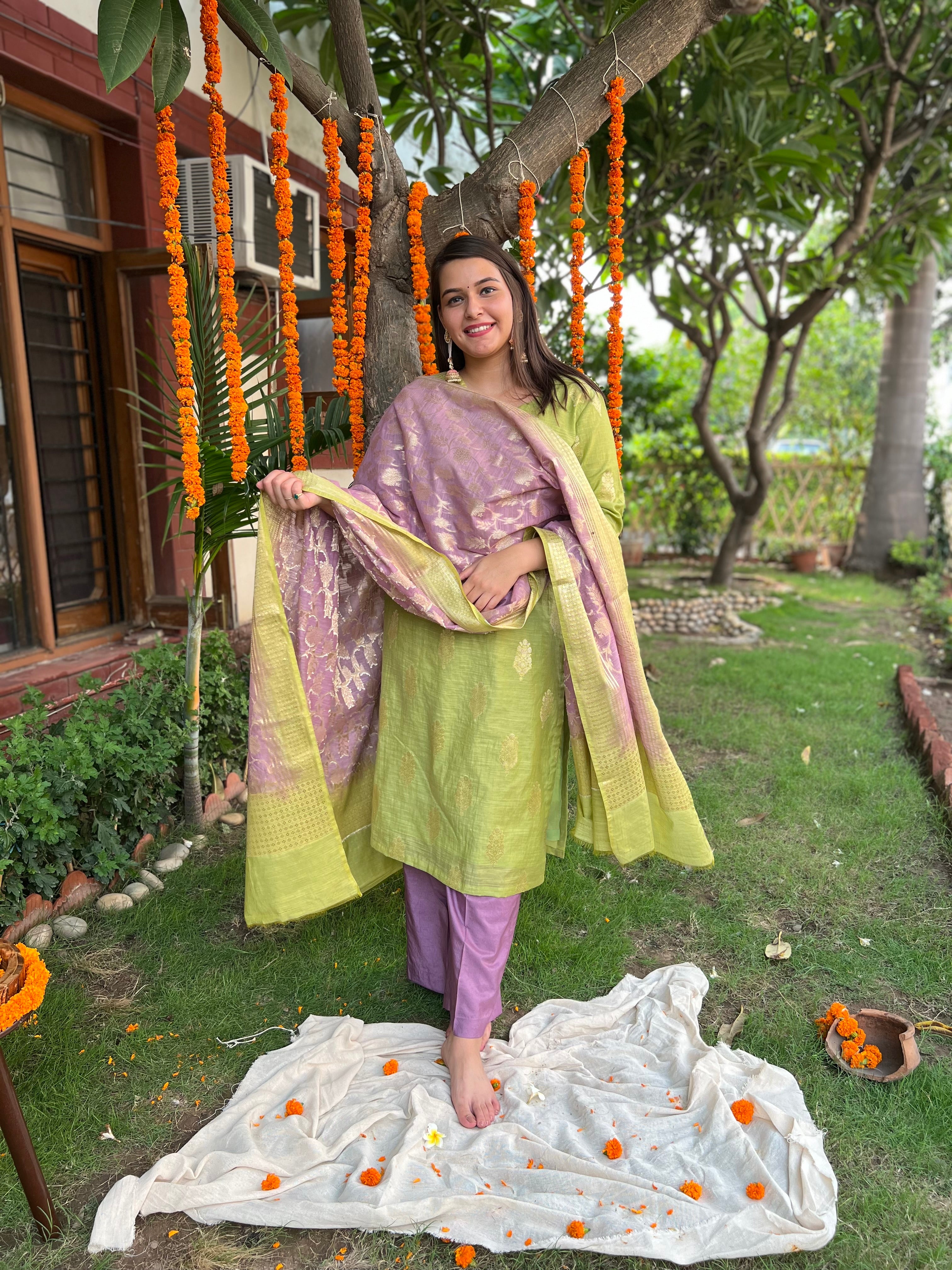 Pista Green Lavender Banarsi Cotton Silk Suit Set - MYSANSKRITAM