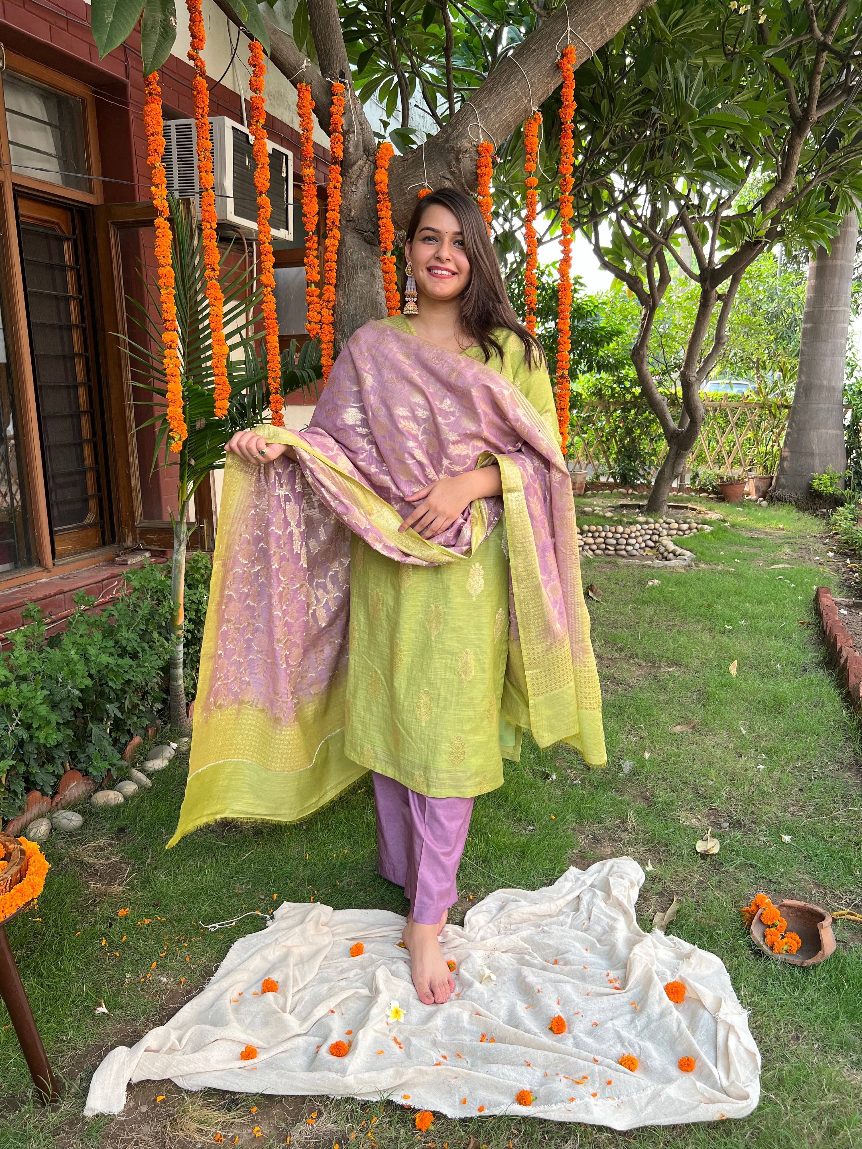 Pista Green Lavender Banarsi Cotton Silk Suit Set - MYSANSKRITAM