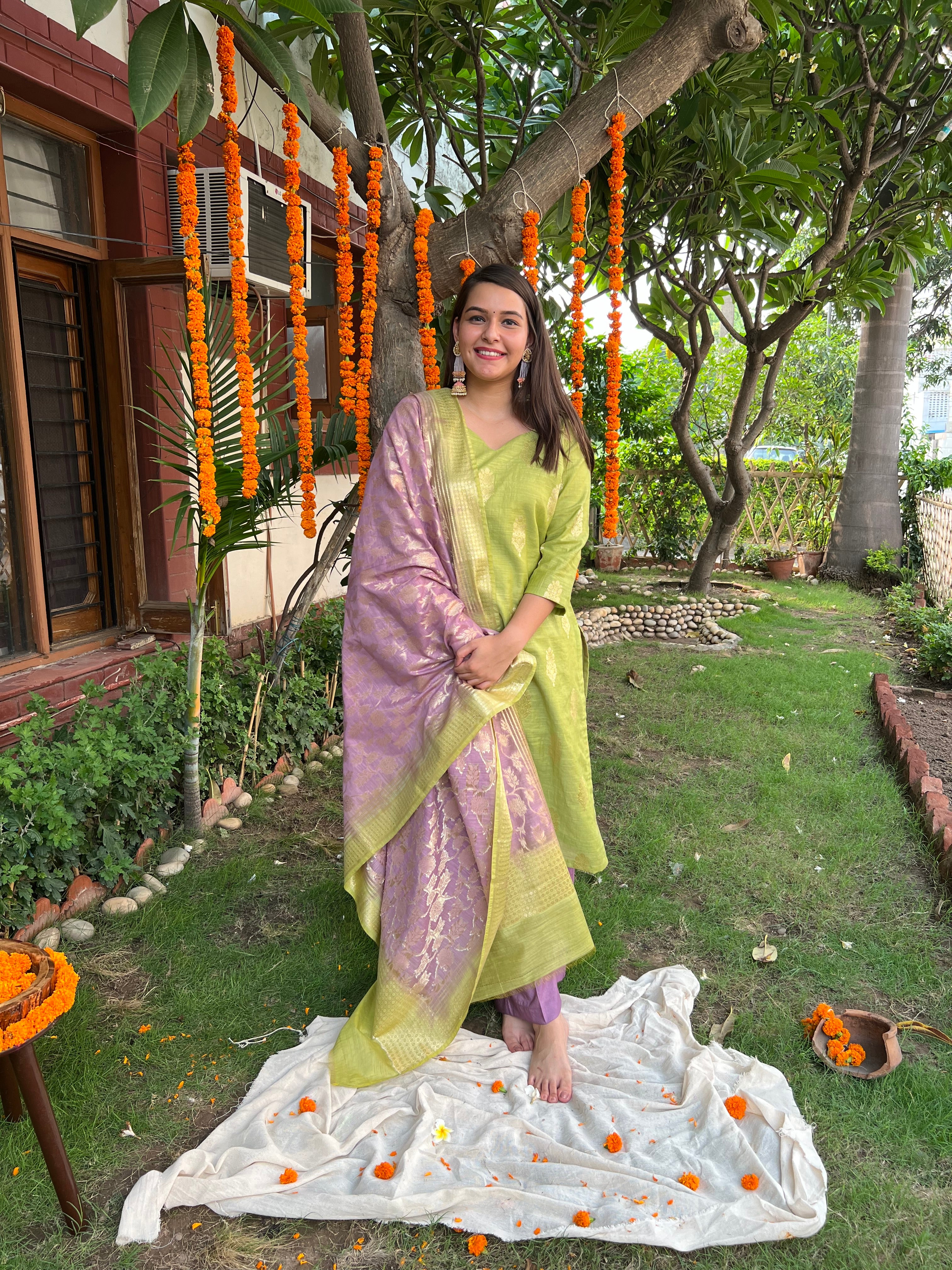 Pista Green Lavender Banarsi Cotton Silk Suit Set - MYSANSKRITAM