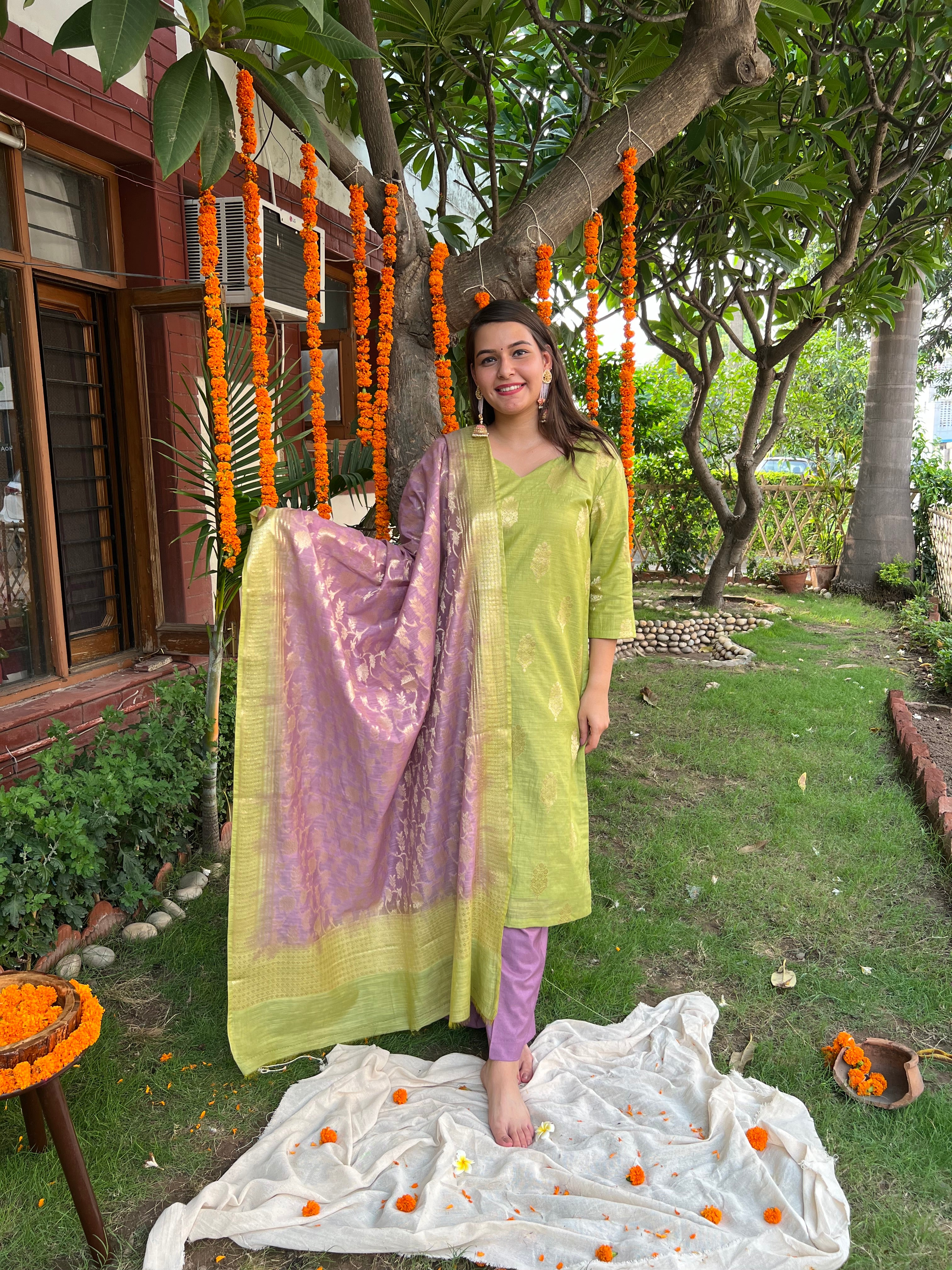 Pista Green Lavender Banarsi Cotton Silk Suit Set - MYSANSKRITAM