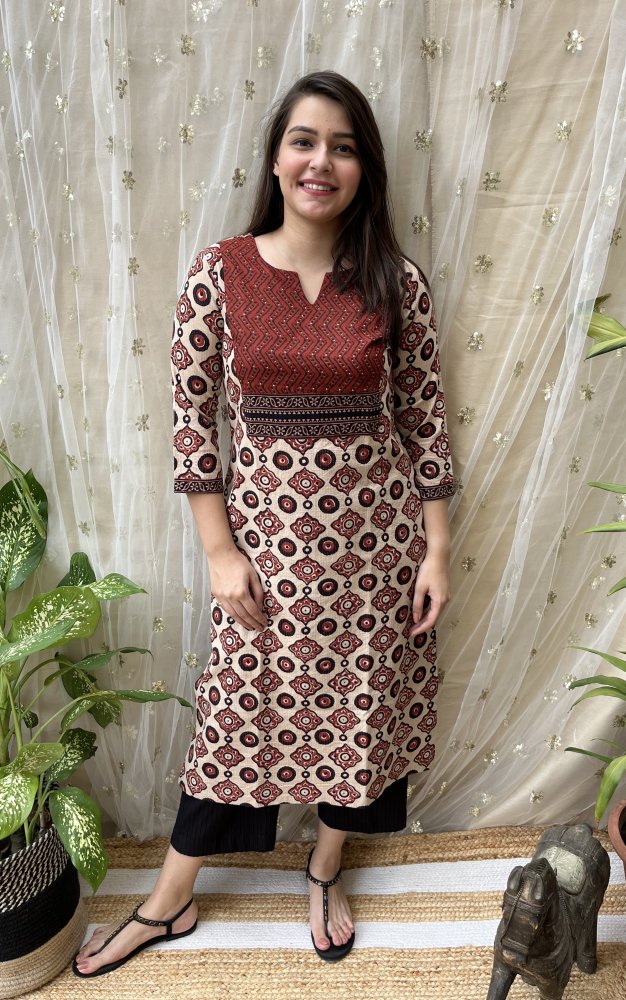 Cream Maroon Yoke Kurta - MYSANSKRITAM