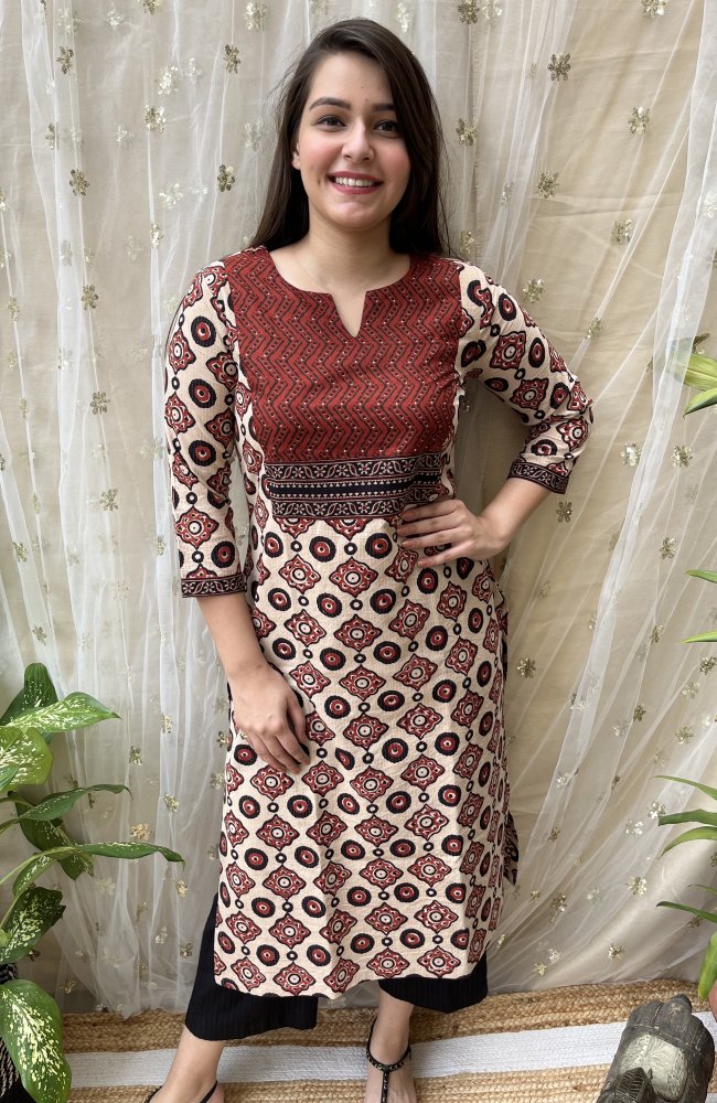 Cream Maroon Yoke Kurta - MYSANSKRITAM