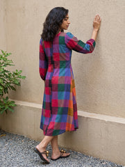 MYSANSKRITAM Madras check Aline kurti dress with long sleeves and a vibrant, multicolored plaid pattern.
