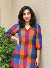 MYSANSKRITAM Madras check Aline kurti dress with puffed sleeves in multicolor plaid pattern.