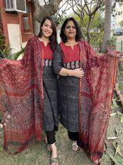 Black Buti ajrakh Yoke Kurta duppata set - MYSANSKRITAM