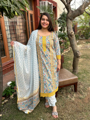 Mustard lace Handblock printed full suit set