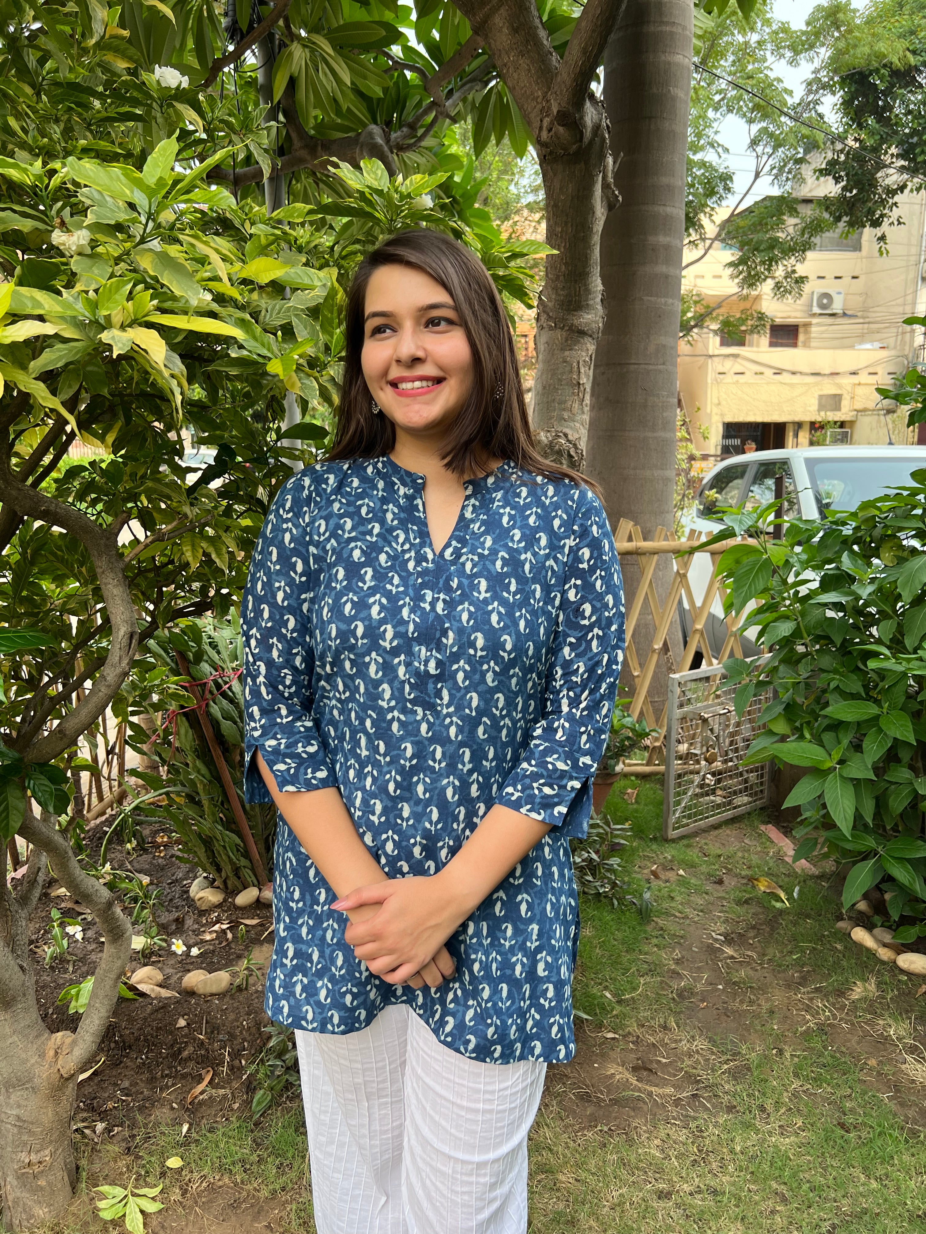 Indigo Ban neck Ambi kurti - MYSANSKRITAM