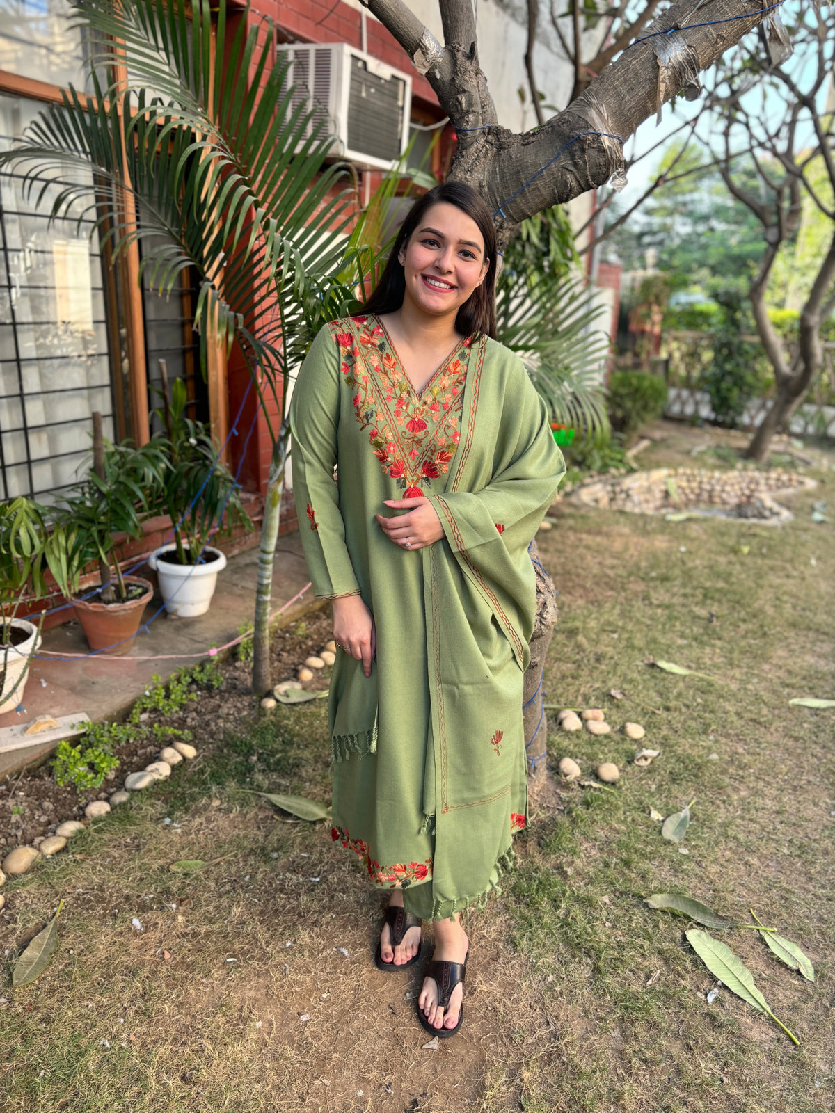 Pista green embroidered woollen suit set