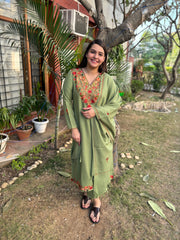 Pista green embroidered woollen suit set
