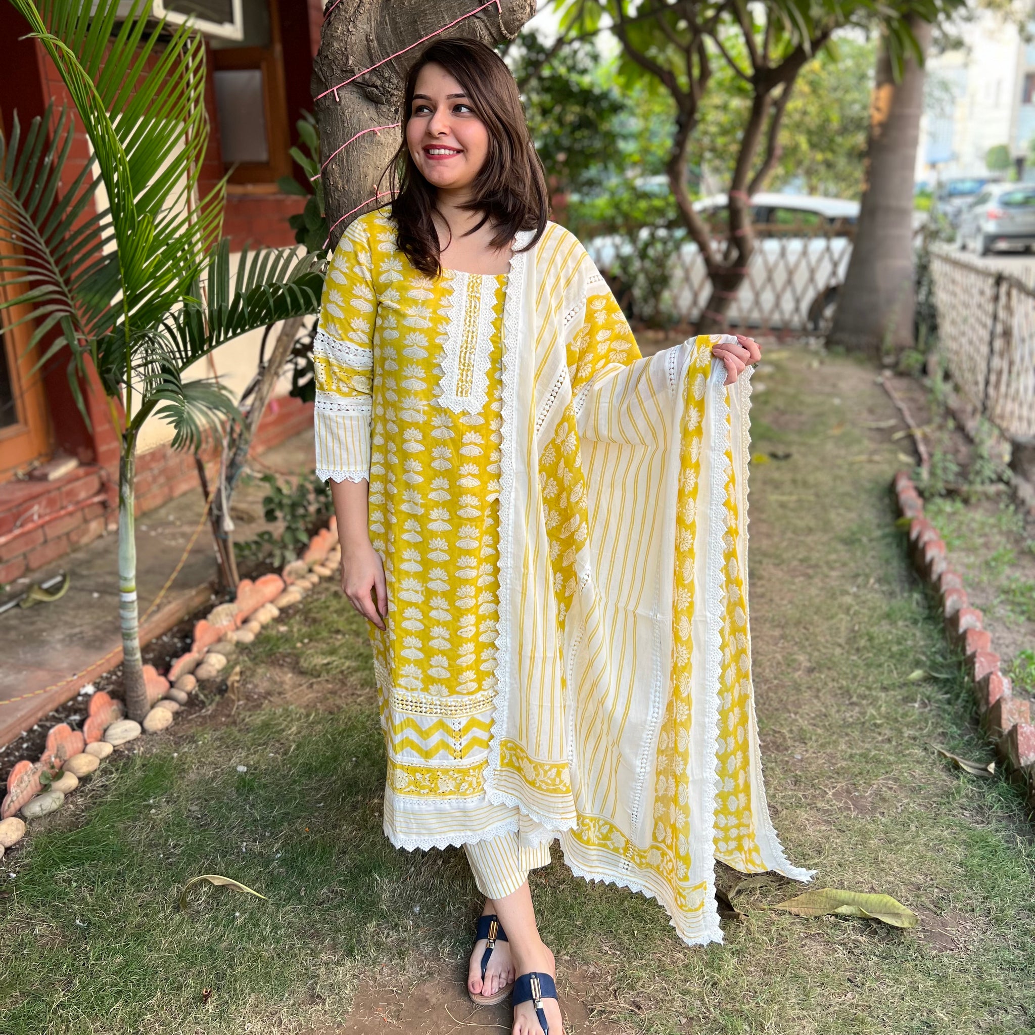 Mustard Lacework printed full suit set - MYSANSKRITAM