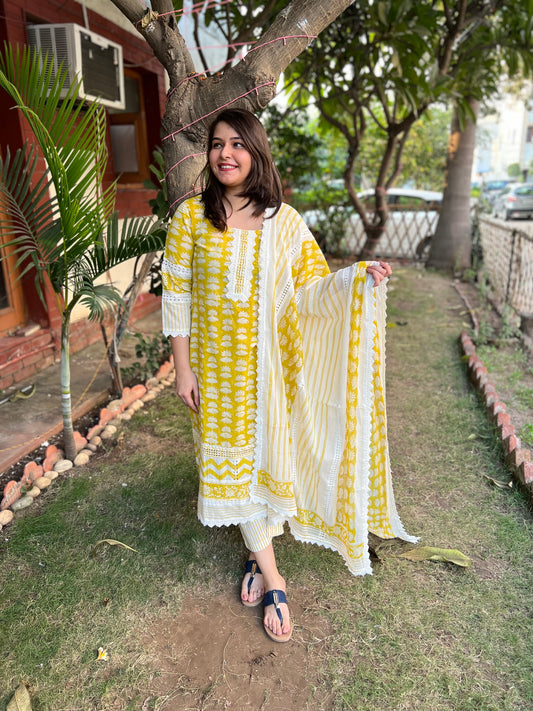 Mustard Lacework printed full suit set - MYSANSKRITAM