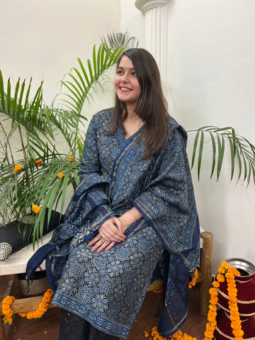 Ajrakh Chanderi Indigo kurta duppata set