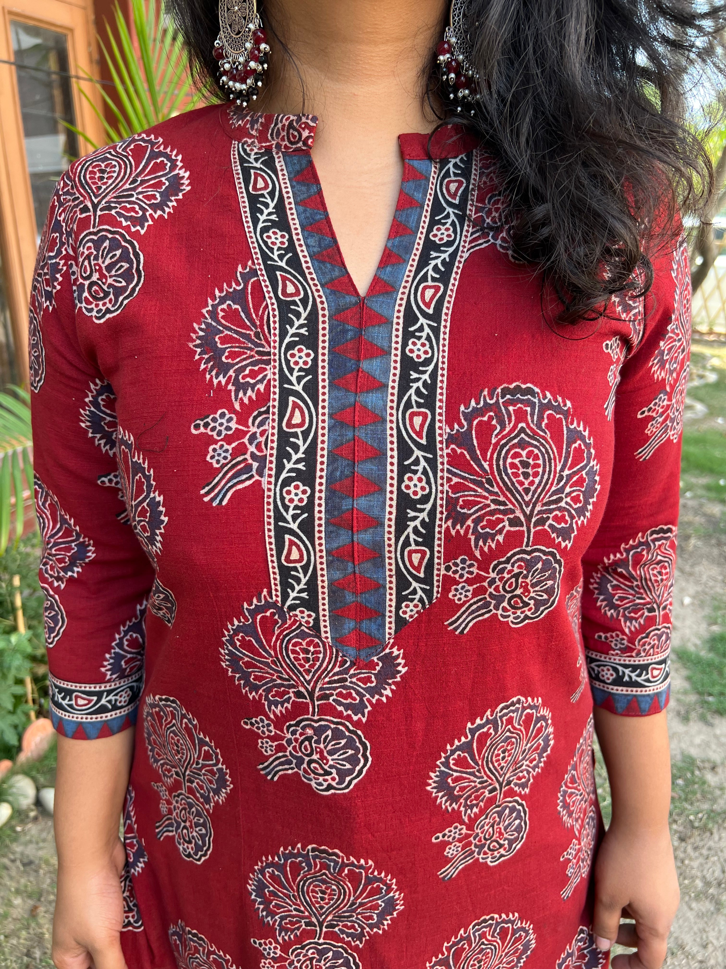 Maroon Ajrakh Flower bunch kurta - MYSANSKRITAM