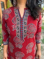 Maroon Ajrakh Flower bunch kurta - MYSANSKRITAM