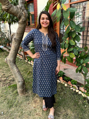 Blue flower printed lace kurta with border