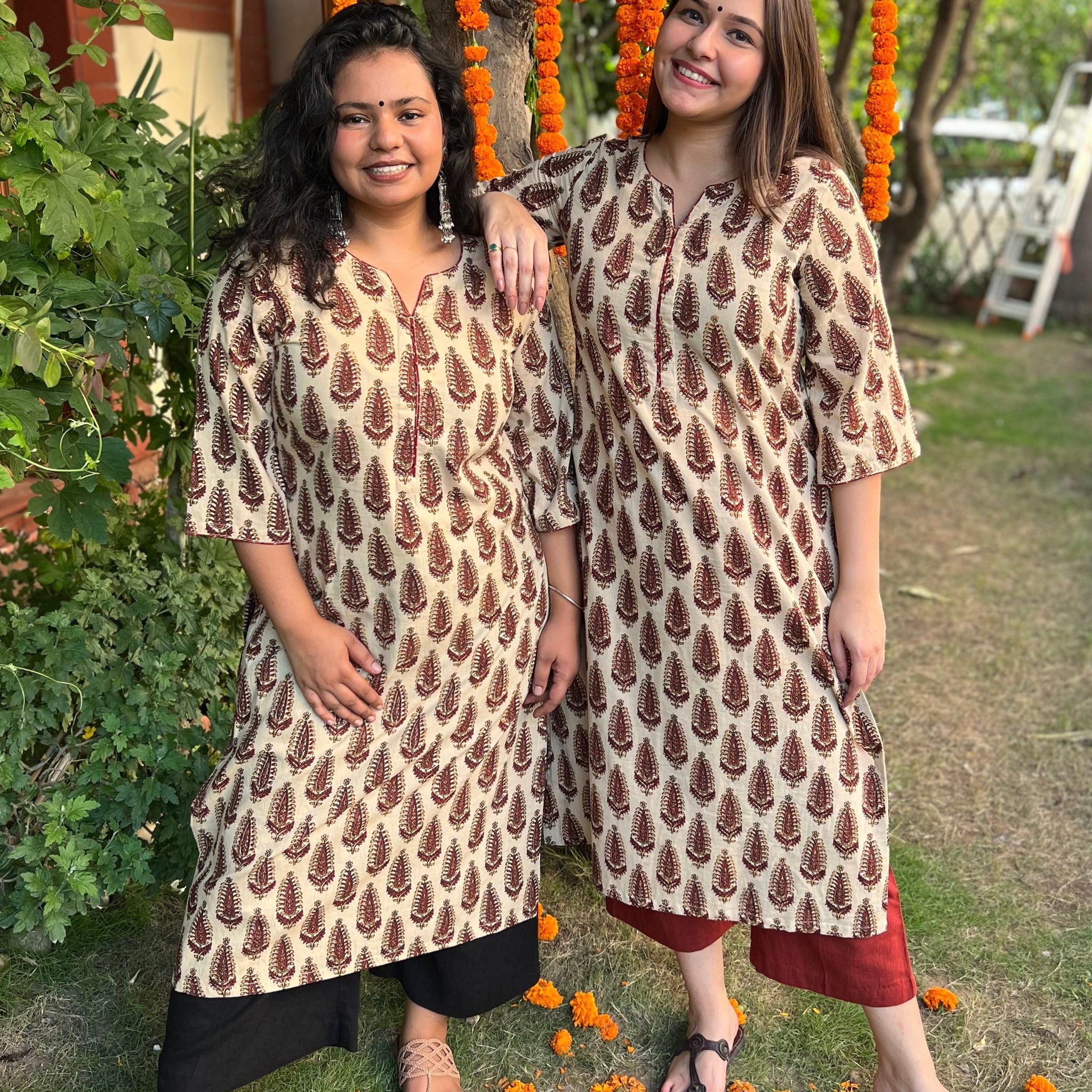 Cream maroon leaf kurta