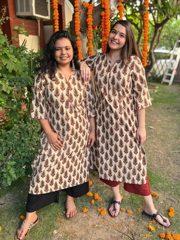 Cream maroon leaf kurta