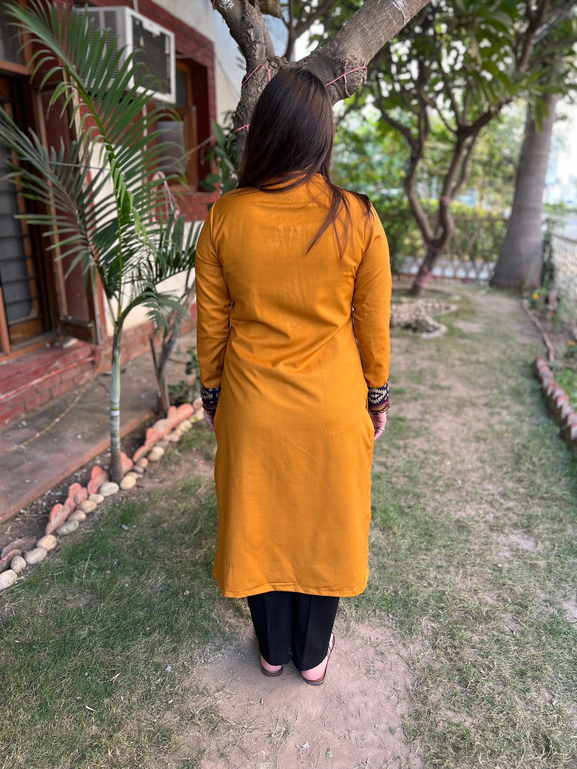 Mustard woollen Border kurta - MYSANSKRITAM