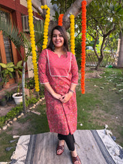Peach sanganeri kurta with yoke