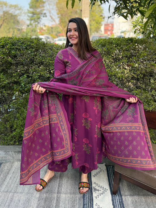 Wine Floral Aline Suit Set by Sanskritam