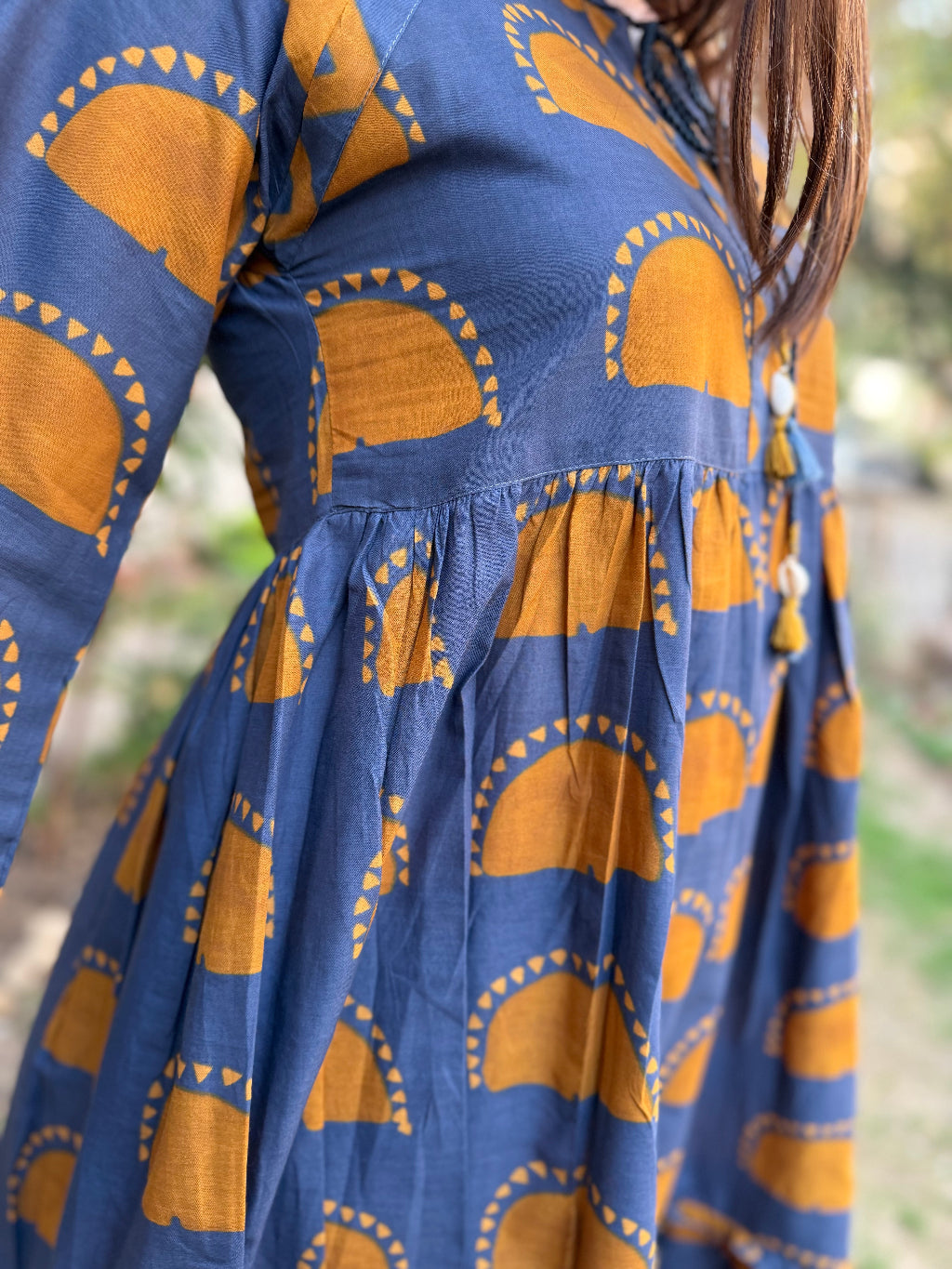 Indigo Mustard Dress detail by Sanskritam