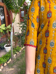 Deep mustard ikkat print kurta sleeve detail by MySanskritam