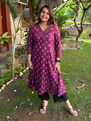 Wine Small Flower V-neck A-line Kurta by MySanskritam