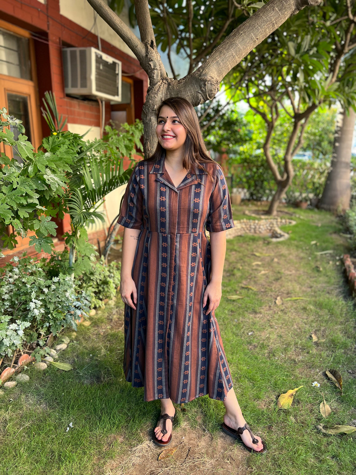 Brown Lines dress with collar - MYSANSKRITAM